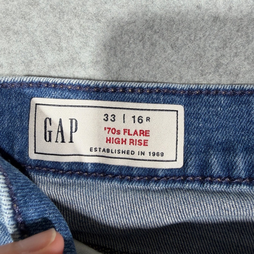 Gap 70s Flare High Rise Jeans Womens 33 16R Blue Two Tone Colorblock Raw Hem - Picture 8 of 11